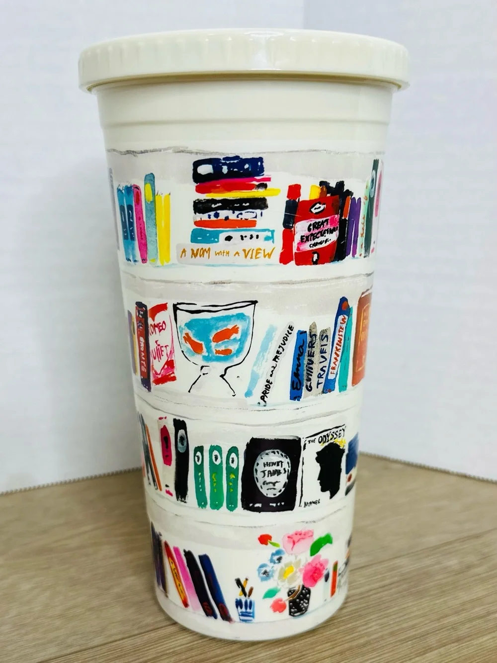 kate spade White Travel Tumbler with Colorful Illustrated Bookshelf